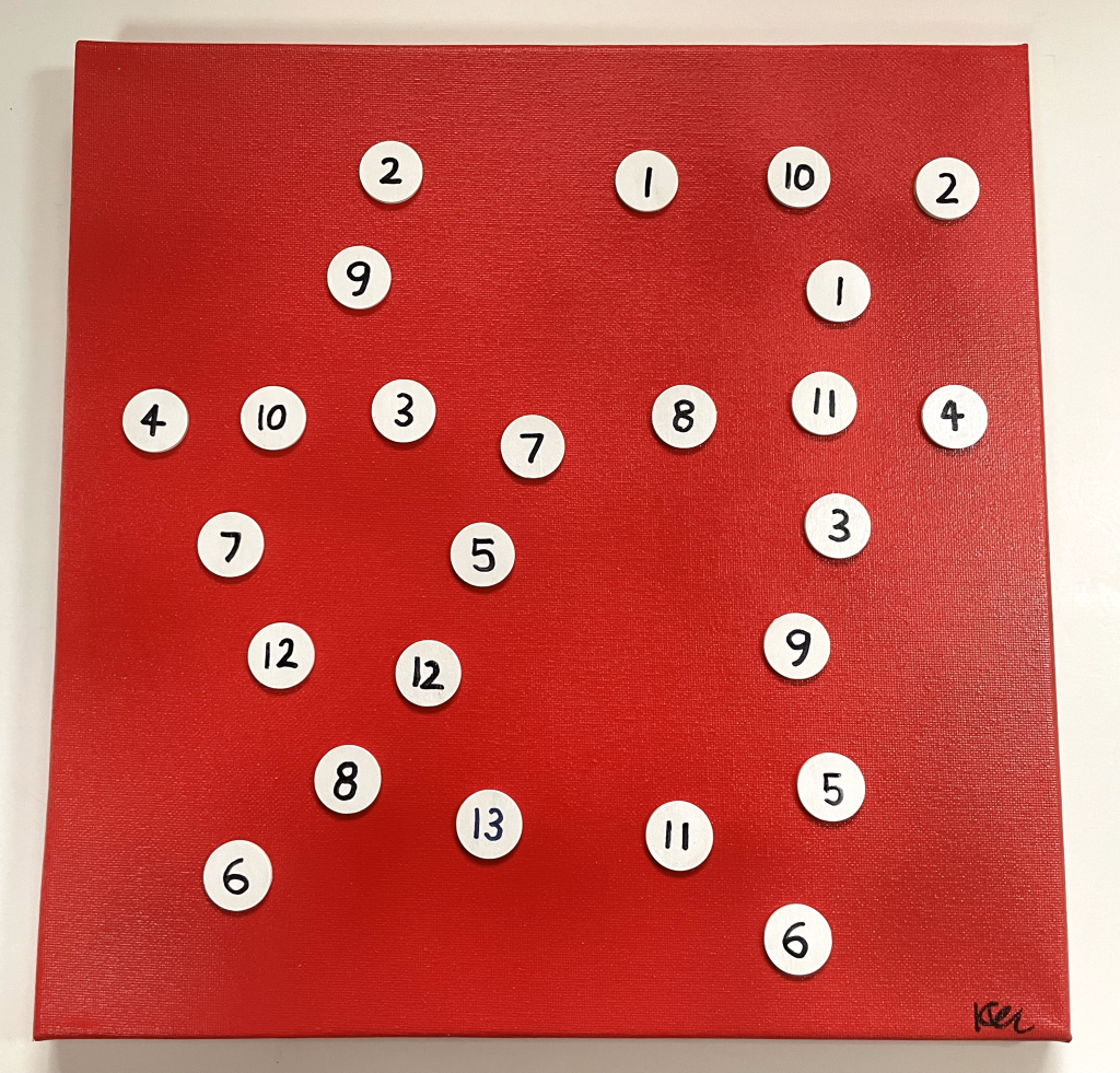 Red painting with small white circular indices in pattern