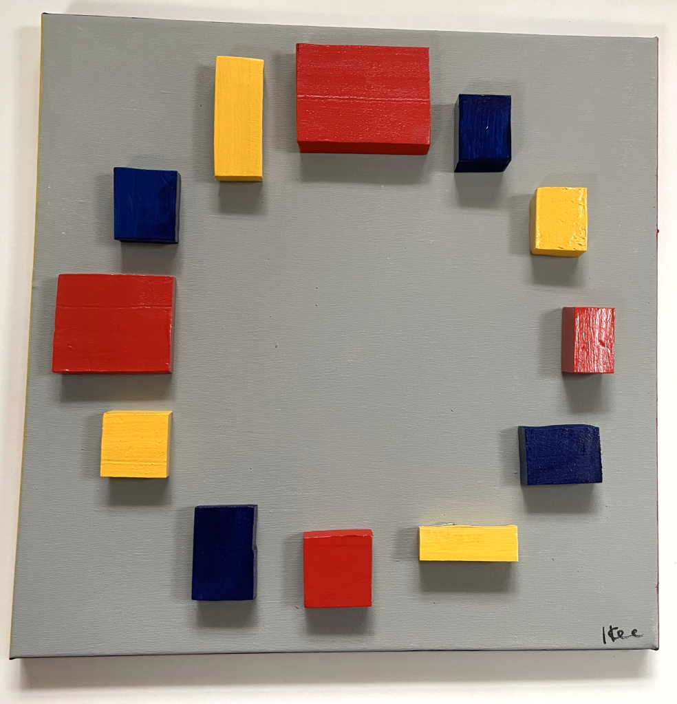 Gray Mondrian painting with raised indices